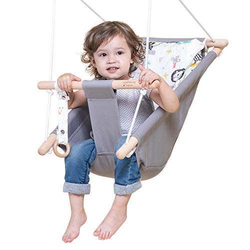 Canvas Baby Swing for Infants to Toddlers,Indoor Outdoor Wooden Hanging Swing Seat with Safety Belt and Mounting Hardware, Suitable for Ages Up to 3,Cute Animal