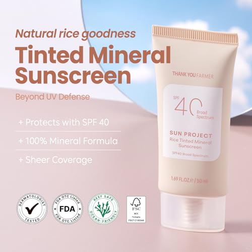 THANKYOU FARMER Sun Project Rice Tinted Mineral Sunscreen SPF40 Broad Spectrum - Korean Face Sunscreen with Zinc Oxide - Tinted SPF with No White Cast, Dermatologist-Tested - 1.69 fl oz