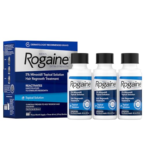 Men’s Rogaine Extra Strength 5% Minoxidil, Topical Solution for Thinning & Hair Loss, Clinically Proven FDA Approved Minoxidil for Men Treatment, Regrow Fuller Hair, 3 Month Supply, 3 Bottles