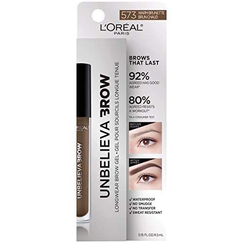 L'Oreal Paris Unbelieva-Brow Longwear Waterproof Tinted Brow Gel, Smudge-resistant, Transfer- Proof, Quick Drying, Easy and quick application with precise brush, Warm Brunette, 0.15 fl. oz.