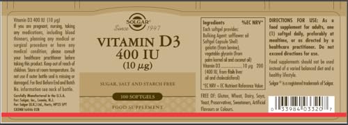 Solgar Vitamin D3 (Cholecalciferol) 10 MCG (400 IU), 100 Softgels - Helps Maintain Bones & Teeth - Immune System Support - Non-GMO, Gluten Free, Dairy Free - 100 Servings