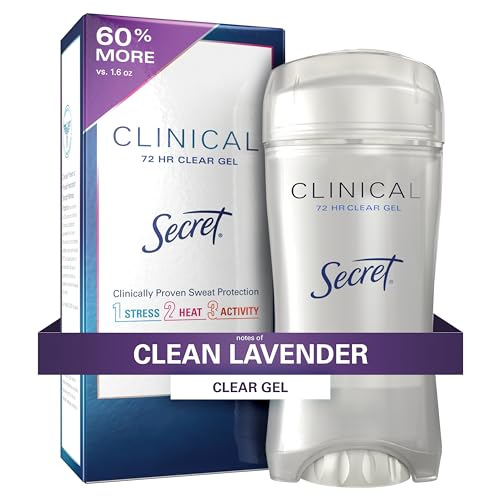 Secret Deodorant and Antiperspirant Clinical Strength for Women, 3X Stress Sweat Protection, PH Balancing Minerals, Clear Gel, Clean Lavender Scent, 2.6 oz