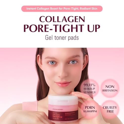 EQQUALBERRY Collagen Pore-Tight Up Gel Toner Pads – Korean Pore-Tightening Jelly Pad with Deep Absorption Collagen, Hydrating & Firming Formula, 4.73 FL.OZ. (140ml) / 60 Pads