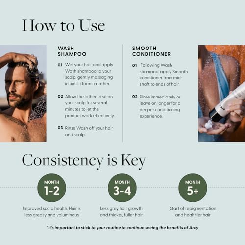 Arey Shower Duo | Wash Shampoo and Smooth Conditioner | Delay + Reduce the Signs of Aging Grey Hair | Retain Moisture, Promote Smoothness | Vegan, Gluten-Free & Cruelty Free (2 Pack, 8.45 Fl Oz each)