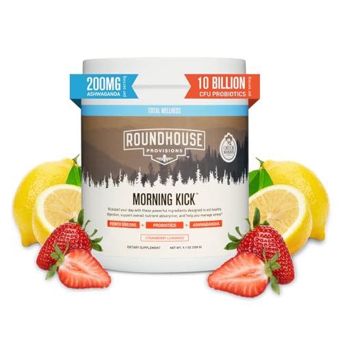 ROUNDHOUSE PROVISION Morning Kick, Greens Superfood Powder Supplement with Ashwaganda, Collagen, Probiotics, Supports Energy Levels, 30 Servings (Strawberry Lemonade) by Chuck Norris