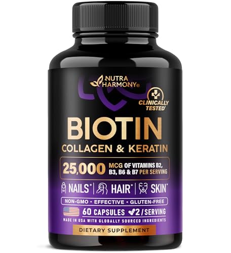 Biotin | Collagen | Keratin - Clinically Tested Supplement - Hair Growth Support, Skin & Nails - 25000 mcg Vitamins B2, B3, B6 & B7 + B1 & Hyaluronic Acid - Made in USA - Women & Men | 60 Capsules