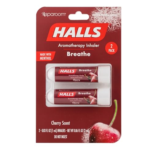 SpaRoom Halls Breathe Menthol with 100% Pure Essential Oils Aromatherapy Nasal Inhaler, 2 Pack, Mentho-Lyptus Scent