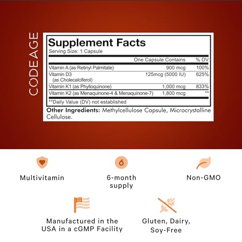 Codeage ADK Vitamins Supplement - Essential Vitamin A, Vitamin D3 5000 IU, Vitamin K1 & K2 (MK4 & MK7) - 6-Month Supply - A D K Vitamins, 1 Capsule per Serving, Non-GMO, Gluten-Free - 180 Capsules