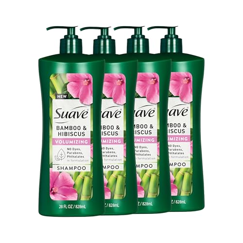 Suave Bamboo & Hibiscus Volumizing Shampoo, for Fine and Flat Hair, Salon Proven System for Boosting Hair Volume and Body, 28 oz, 4 Pack