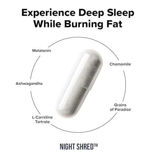 Night Shred Fat Burner and Natural Sleep Support | Ashwaganda, 5-HTP, CLA, Melatonin | Appetite Suppressant | Weight Loss Support Nighttime Fat Burning (60 Vegetarian Capsules)