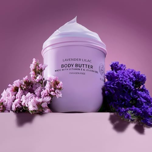 Lavender Lilac Body Butter - Shea Cream with Jojoba Oil & Vitamin E - Hydrating Natural Moisturizer for Hands - 5.74 Fl Oz