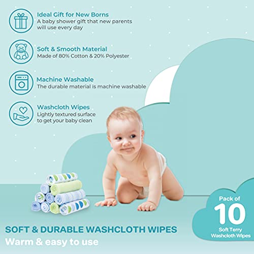 Spasilk Washcloth Wipes Set for Newborn Boys and Girls, Soft Terry Washcloth Set, Pack of 10, Blue Dots