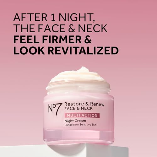 No7 Restore & Renew Multi Action Face & Neck Night Cream - Collagen Peptide Anti Aging Face Cream - Hydrating Hyaluronic Acid Night Cream - Shea Butter + Vitamin E Skin Firming Night Cream (50ml)