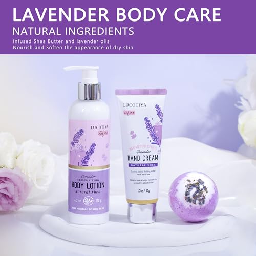 LUCOTIYA Lavender Spa Gift Set for Her,Hand Cream,Lavender Essential Oil,Body Butter ,Lavender Scented Candle,Bath Bombs,Soap