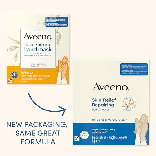 Aveeno Skin Relief Repairing Hand Mask, Moisturizing Gloves with Prebiotic Oat & Shea Butter for Very Dry Skin, Hand Care for Sensitive Skin, Fragrance-Free, Value Pack, 6 Pairs of Single-Use Gloves