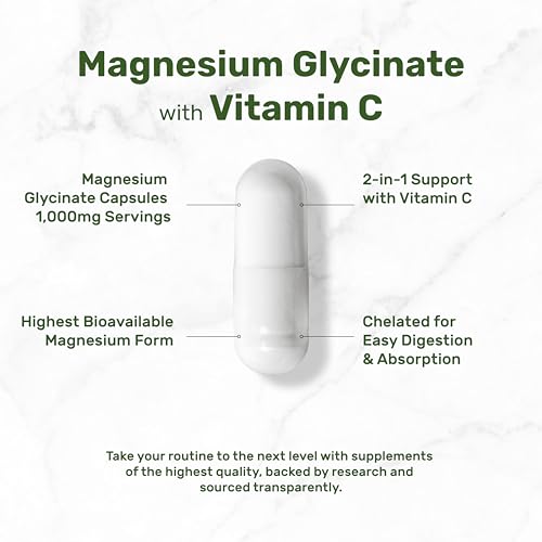 Magnesium Glycinate 500mg Per Capsule (1000mg Per Serving) Plus Vitamin C, 240 Capsules – 100% Chelated for Easy Absorption – Essential Mineral Supplement for Muscle, Sleep, & Heart Health