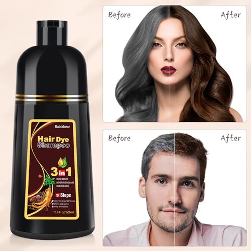 Bablabear Dark Brown Hair Color Shampoo for Gray Hair 500ML Instant Hair Dye Shampoo for Men & Women-3 in 1 Color Shampoo