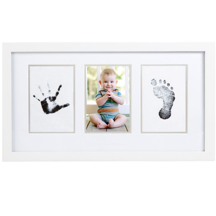 Pearhead Baby Hand and Footprint Kit - Inkless No Mess Clean-Touch Ink Pad, Newborn Keepsake Frame, Nursery Decor Essentials, Perfect Shower Gift for Boys and Girls, White