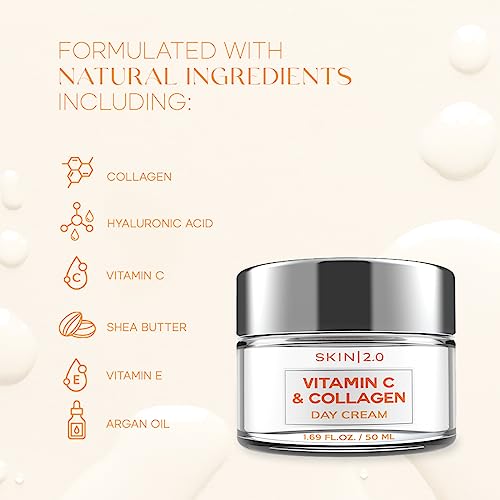 Skin 2.0 Vitamin C & Collagen Face Moisturizer - Dermatologist Tested, Anti-Aging, Skin Tightening - Brightening, Clean Beauty, Cruelty-Free, Korean Skincare for All Skin Types - 1.69 Fl oz