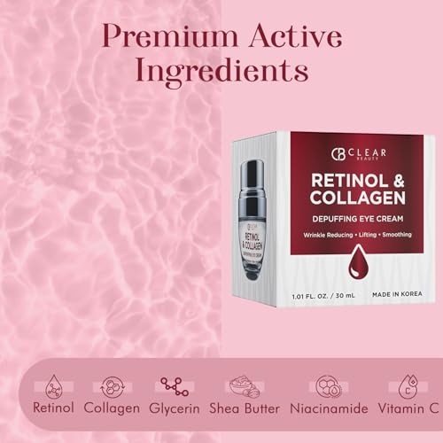 Clear Beauty Retinol Eye Cream with Collagen - Anti-Aging, Hydrating & Reduces Puffiness & Wrinkles - Dermatologist Tested, Cruelty-Free Korean Skin Care for All Skin Types - 1.01 Fl. Oz