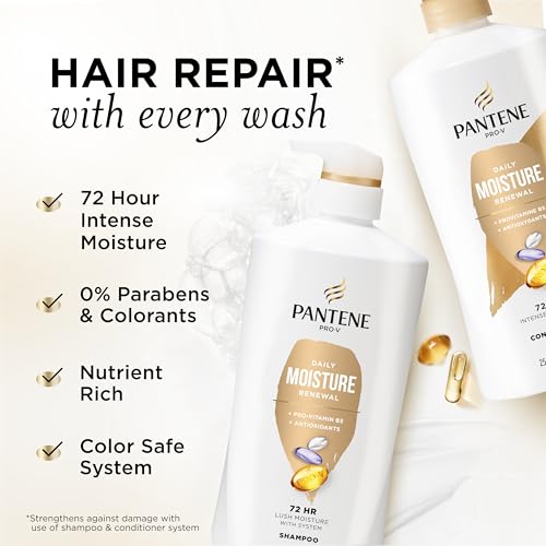 Pantene Shampoo & Conditioner Set, Daily Moisture Renewal with Pro-V Nutrients for Dry, Color-Treated Hair, Long-Lasting Hydration & Nourishment, 27.7 Fl Oz Each, 2-Pack + Miracle Rescue Shot (0.5 Oz)