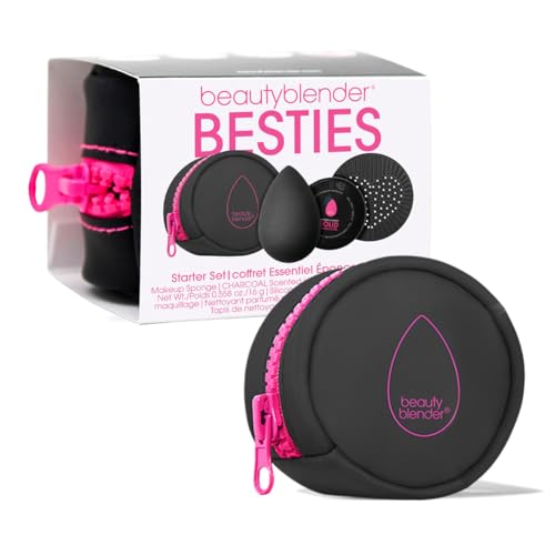 Beautyblender® | Besties Charcoal Blend & Cleanse 4-Piece Starter Set, Pro Black Makeup Sponge + Solid Charcoal Cleanser .558 oz + Silicone Scrub Mat + Travel Case, Made in USA, Vegan, Cruelty Free