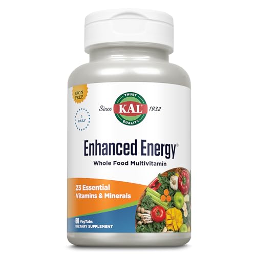 KAL Enhanced Energy Supplements, Once Daily Whole Food Multivitamin for Women and Men, Iron Free, 23 Essential Vitamins, Minerals, Super Foods, Digestive Enzymes, 60-Day Guarantee, 60 Serv, 60 VegTabs