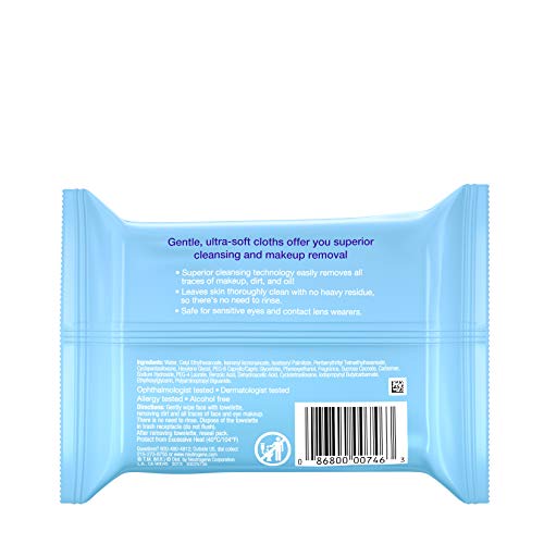 Neutrogena Makeup Remover Cleansing Facial Towelettes, Daily Gentle Face Wipes to Remove Oil, Dirt, & 99.3% of Makeup, Safe for Sensitive Eyes, Alcohol Free Wipes in Resealable Pack, 21 ct
