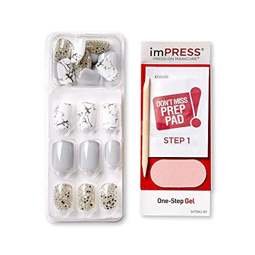imPRESS Design, Press On Nails, Knock Out, Gray, Short, Size, Squoval, Shape, Includes 30 Nails, Prep Pad, Instructions Sheet, 1 Manicure Stick, 1 Mini File