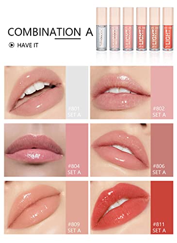 BANGFENG 6PCS Lip Oil Light Lipgloss Set, Moisturizing Hydrating Lip Glow Oil Lip Gloss Kit High Shine Lip Plumping Glass Finish Liquid Lipstick for Women (Set A)