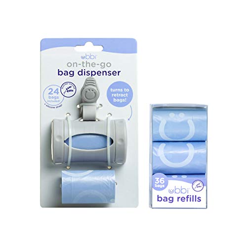 Ubbi On-the-Go Gray Bag Dispenser and Waste Disposal Bags Refill, 60 Lavender Scented Diaper Bags, Baby Savings Bundle, New Parent Gift