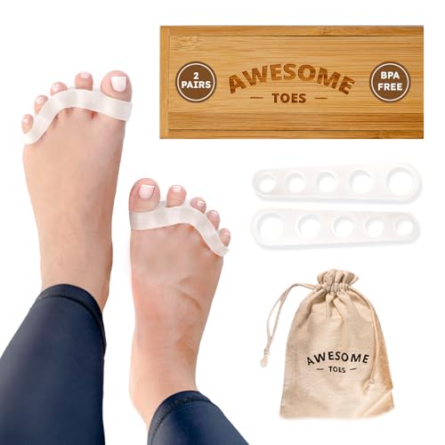 Awesome Toes Spacers & Separators, Fast Pain Relief from Hammertoe & Bunions, Two Pairs in Stylish Wooden Box, Latex-Free Rubber Toe Stretchers Used for Walking, Running & Yoga Practice