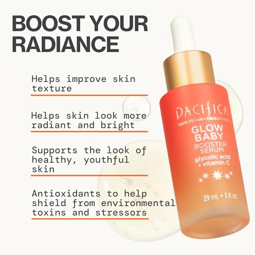 Pacifica Vitamin C Face Serum - Glow Baby Booster Facial Serum - Glycolic Acid Serum For Face - Dark Spot Corrector Anti Aging Brightening - Dermatologist Tested, Fragrance Free, Clean Skin Care Vegan