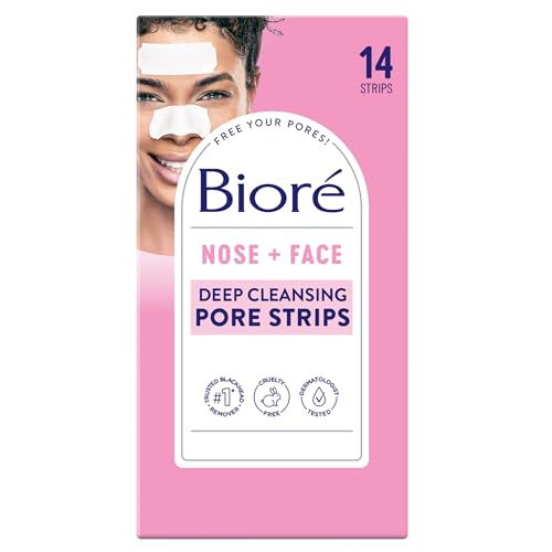 Bioré Nose+Face, Deep Cleansing Pore Strips, 7 Nose + 7 Chin or Forehead, with Instant Blackhead Removal and Pore Unclogging, 14 Count, Oil-free, Non-Comedogenic Use