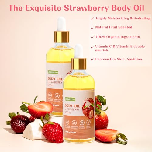 Umpeimvon 2 Pack 3.38 fl.oz Strawberry Body Oil after Shower, Vitamin C & E Gua Sha Body Oils Scented Body Oils for Women, Dry Body Oil Juice for Skin