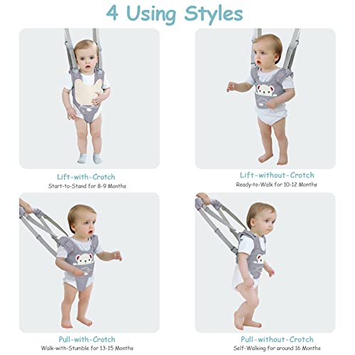 Ocanoiy Baby Walking Harness Handheld Baby Walker Assistant Belt Adjustable Toddler Infant Walker Safety Harnesses Standing Up and Walking Learning Helper with Detachable Crotch for 9-24 Month (Gray)