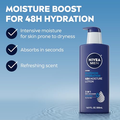 NIVEA MEN Maximum Hydration 48-Hour Moisture Body Lotion for Dry Skin, Aloe Vera Lotion for Men, 3-in-1 Body, Face and Hands, Dermatologically-Tested, 16.9 Fl Oz Bottle
