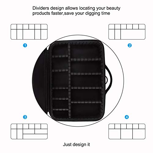 Relavel Makeup Bag Travel Makeup Train Case 13.8 inches Large Cosmetic Case Professional Portable Makeup Brush Holder Organizer and Storage with Adjustable Dividers and Shoulder Strap Black