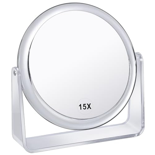 MKUMIR 15X Magnifying Makeup Mirror for Desk Double Sided 1X/15X Desk Mirror,Portable Table Small Standing Magnifying Mirror for Cosmetic, Transparent, MKT69Z
