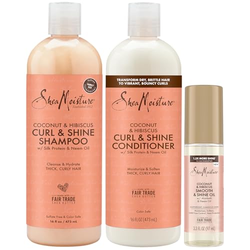 Shea Moisture Shampoo & Conditioner Set + Smooth & Shine Oil Gift Set –Coconut & Hibiscus Curl & Shine, Anti-Frizz Products for Curly Hair (3 Piece Set)