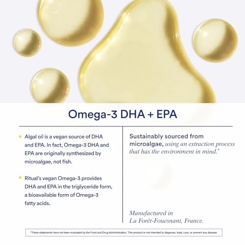 Ritual Omega 3 - Vegan - Science-Backed Dose of DHA & EPA Fatty Acids in 2:1 Ratio, Bioavailable, Brain and Heart Health Support, Minimal Burp-Back, Sustainably Sourced Microalgae, 30 Day Supply