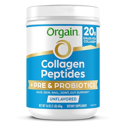 Orgain Hydrolyzed Collagen Peptides + Prebiotic & Probiotics Powder for Women & Men, 20g Grass Fed Collagen, 1 Billion CFU - Supports Digestive, Hair, Skin & Joint Health, Non-GMO, Type I & III, 1lb