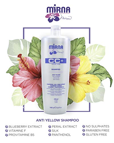 Mirna Professional Anti Yellow Color Care Shampoo. Delicate pH acid formula, also contains Vitamin F, Provitamin B5 Panthenol, SIlk and Pearl Extracts. Enriched with Blueberry extract. 1000ml / 33.8oz