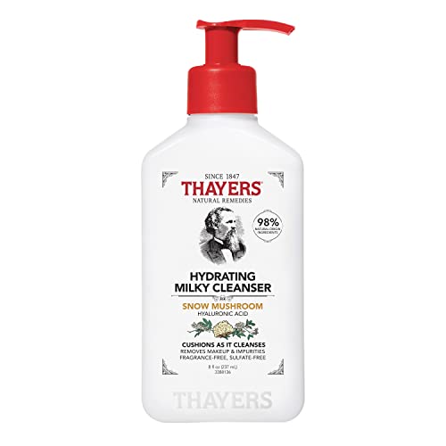 THAYERS Milky Hydrating Face Cleanser with Snow Mushroom, Hyaluronic Acid, Dermatologist Recommended Gentle Facial Wash, Hydrating Skincare for Dry, Sensitive Skin, Paraben Free, 8 FL Oz, Clear