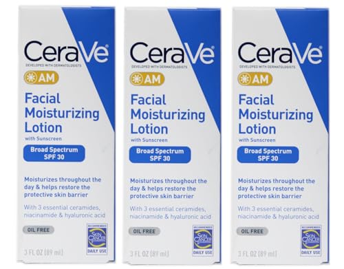 CeraVe AM Facial Moisturizing Lotion with Sunscreen SPF 30, Oil-Free, 3 fl oz, Fragrance-Free (Pack of 3)