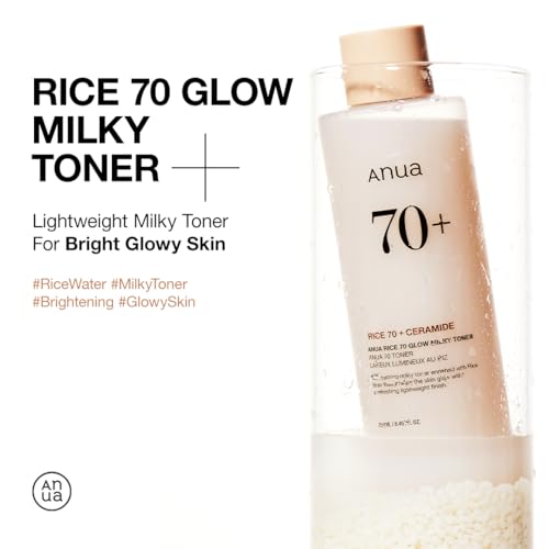 ANUA Rice 70 Glow Milky Toner, for Glass Skin, Rice Water, Niacinamide, Ceramides, Panthenol, Fragrance-Free, Non comedogenic, Fungal Acne Safe, Korean Skin Care, 250ml/8.45fl.oz.