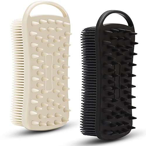 2 PC Silicone Exfoliating Body Scrubber, 2 in 1 Silicone Body Shampoo Brush, Soft Silicone Loofah for Sensitive Skin, Shower Silicone Hair Scalp Massager, Easy to Clean, Lather Well (Grey&Black)