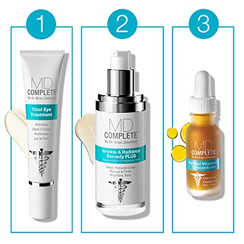 MD Complete Wrinkle & Radiance Trio|Professional Dermatologist Skincare Wrinkle Radiance Remedy with Retinol 1.0 fl oz + Total Eye Treatment 0.5 fl oz + Retinol Vitamin C Concentrate Serum 0.5 fl oz