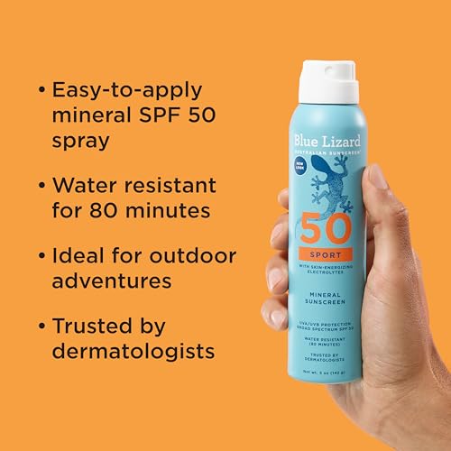 BLUE LIZARD Sport Mineral Sunscreen Spray SPF 50+, Dermatologist-Recommended Brand, Broad-Spectrum UVA/UVB Protection, Water-Resistant, Zinc Oxide Formula, Vegan, 5 fl oz