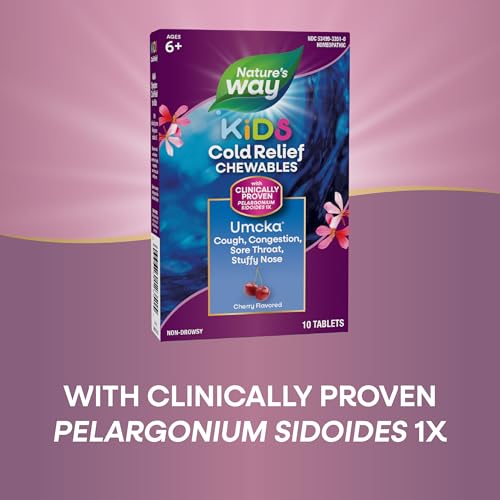 Nature's Way Umcka Cold Relief for Kids 6+, Umcka, Shortens Duration & Reduces Severity, Multi-Symptom Cold Relief, Homeopathic, Phenylephrine Free, Cherry Flavored, 10 Chewable Tablets